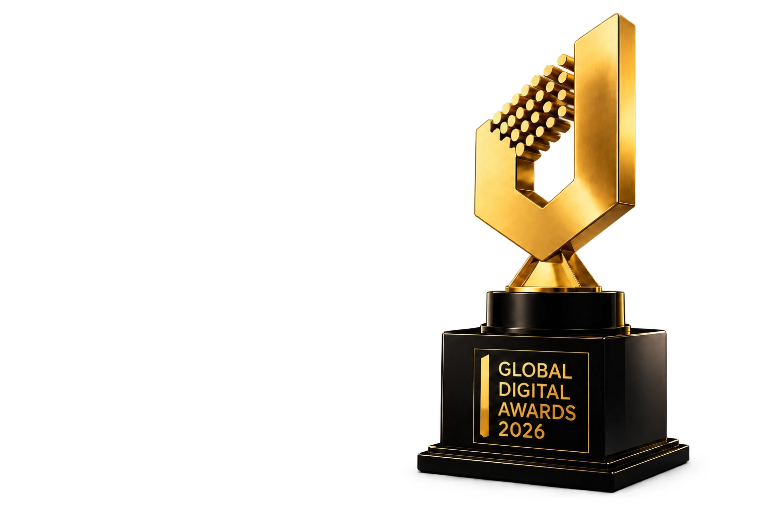 Global Digital Awards 2026 gold trophy on its black presentation base